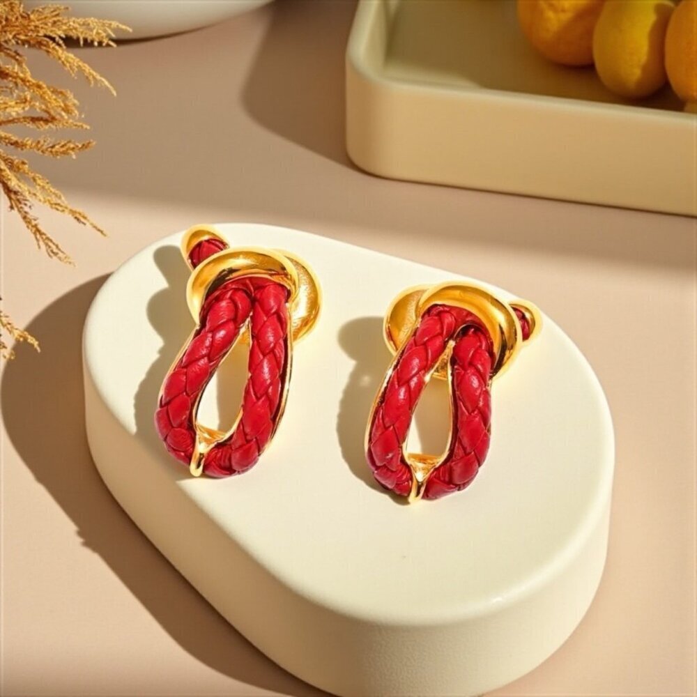 New Nautical Red Leather Knot Stud Earrings 18K Gold Plated Sailor Equestrian
